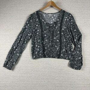 Self E Sage Peasant Lace-up V-Neck Blouse Top Shirt Medium Boho Crochet Accents